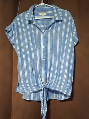JACHS Girlfriend Blue and White Striped Button Shirt